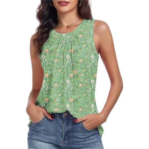 Women's Floral Green Summer Tank Tops Pleated Round Neck Sleeveless‎ Tops - Picture 2 of 4